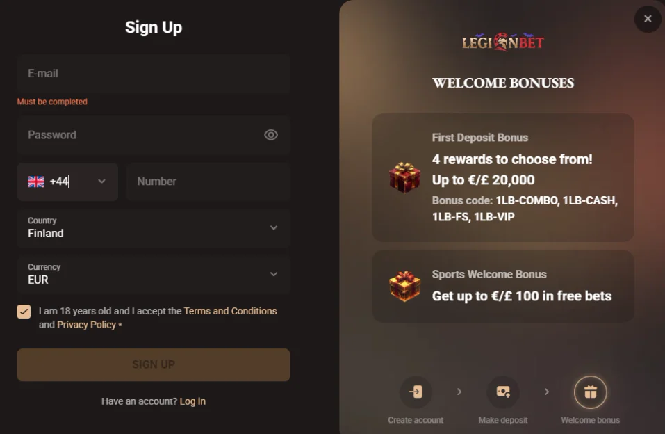 Legionbet registration form with email, password, phone number, country and currency fields, plus welcome bonus offers